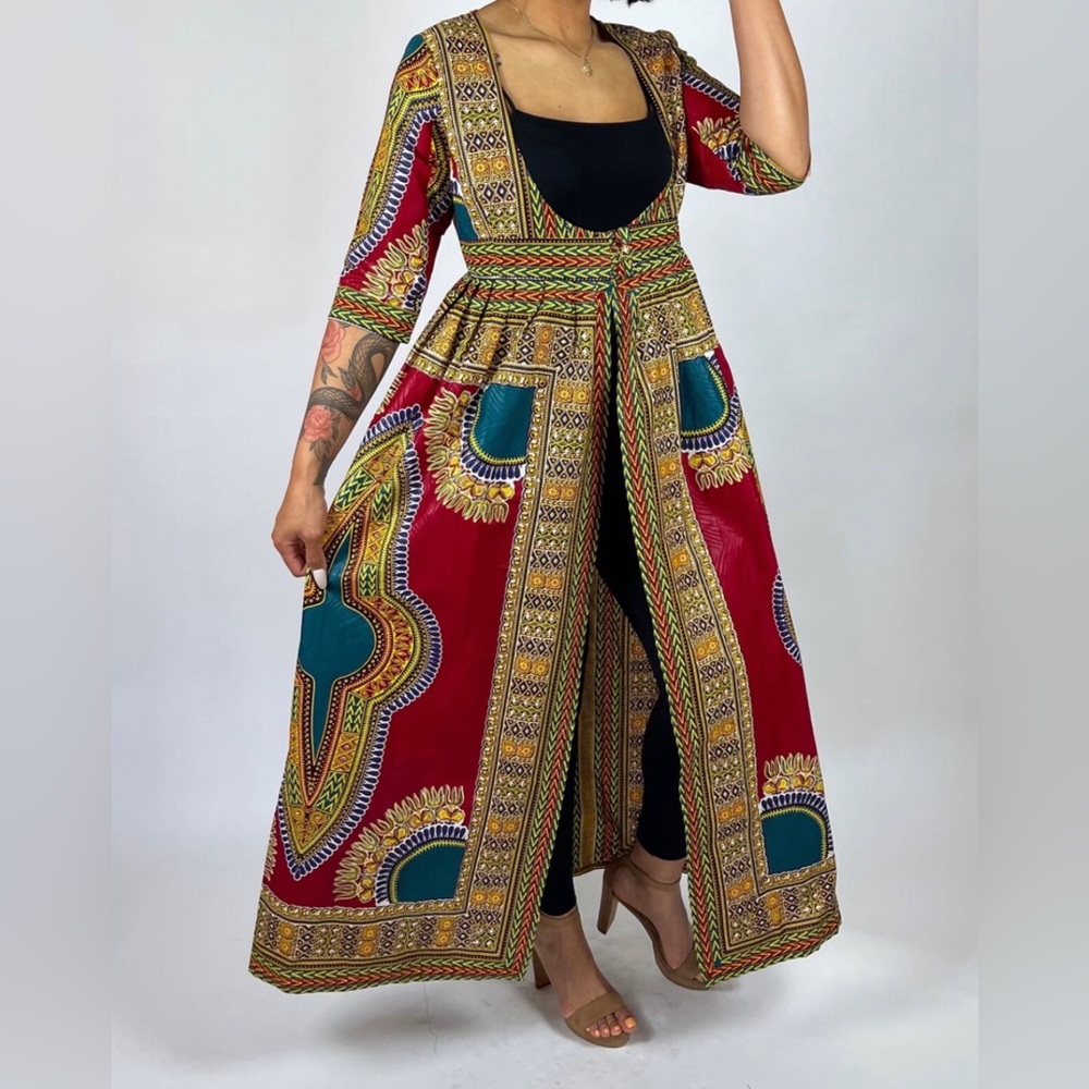 Red Multicolor African Print Ankara Handmade Maxi Duster